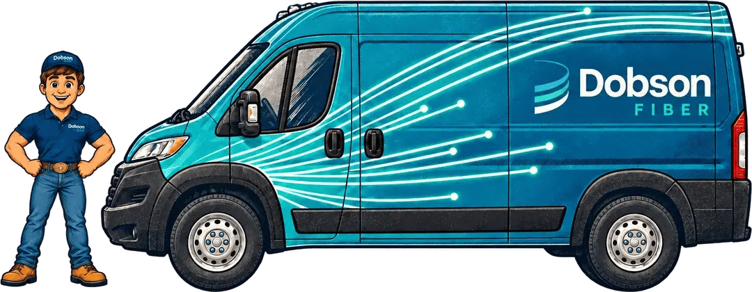The Field Club hero beside a Dobson Fiber service van