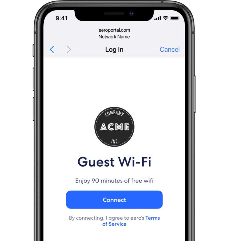 A phone showing a branded guest WiFi login page with a business logo and a Connect button