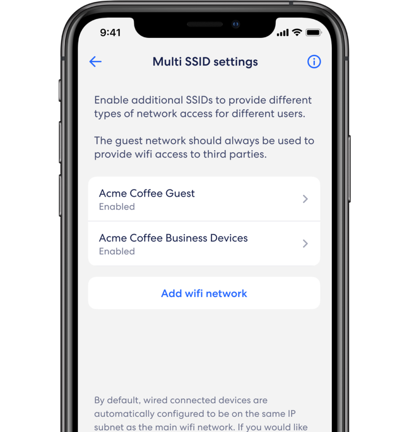 eero app Multi SSID settings showing a coffee shop's guest network and business devices network, both enabled