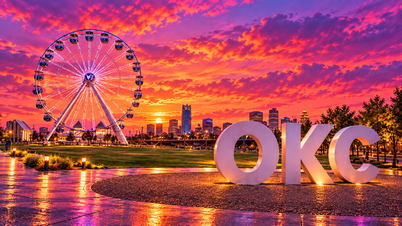 Illustrated Oklahoma City sign and Wheeler Ferris wheel under a blazing sunset
