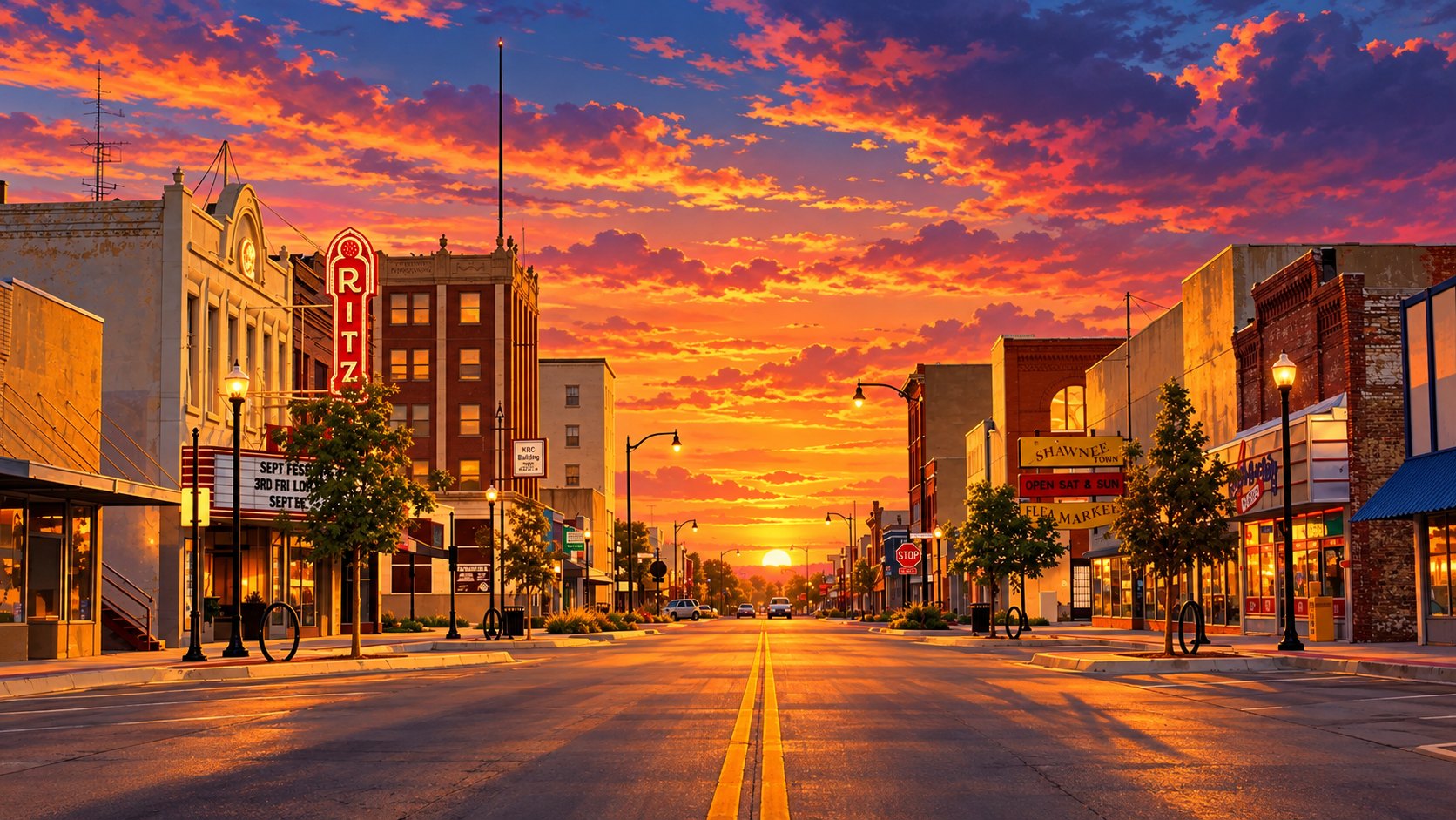 Illustrated sunset down Main Street in downtown Shawnee, Oklahoma, with the Ritz Theatre sign glowing