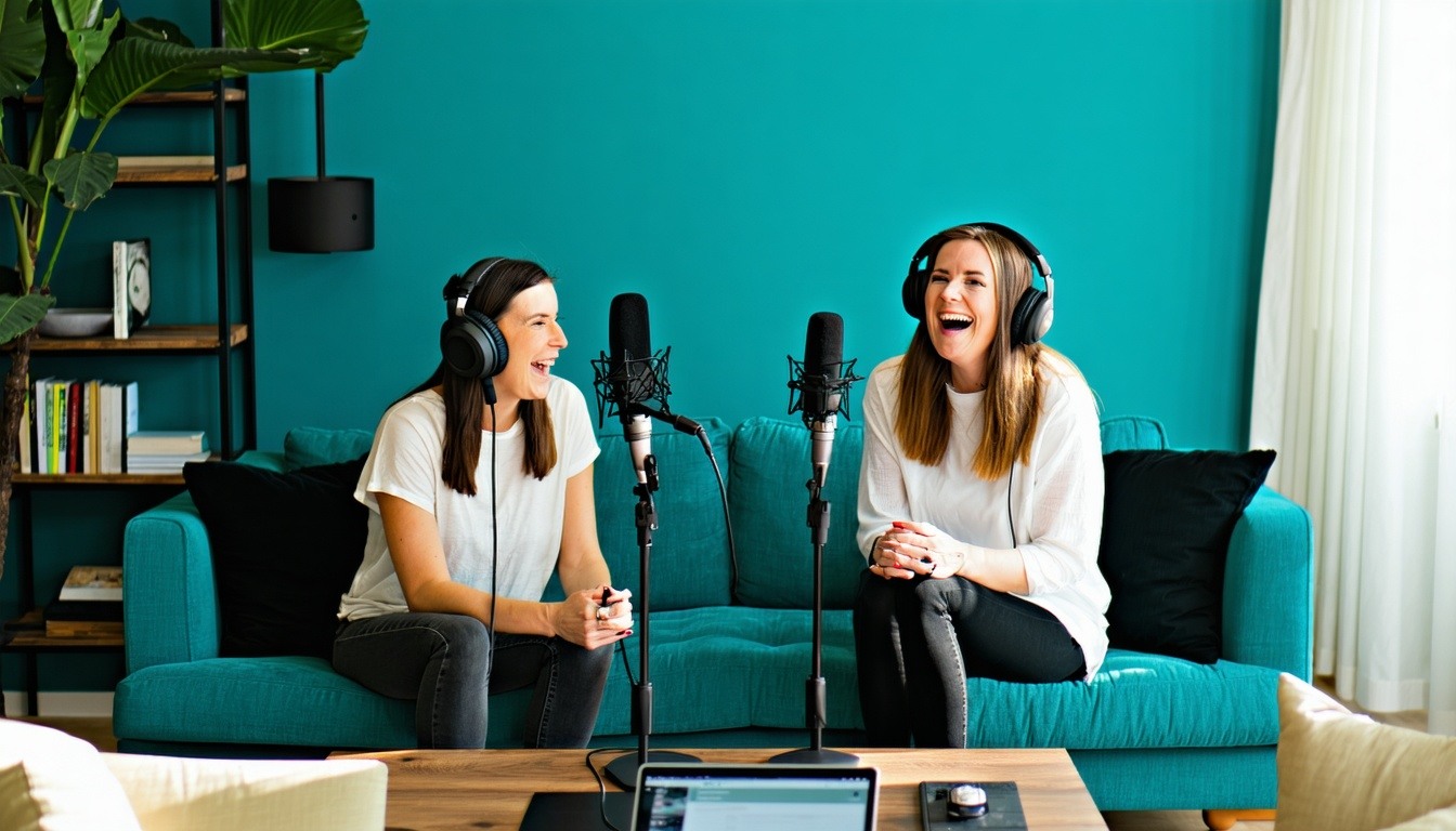 Two women podcasting in a living room-1