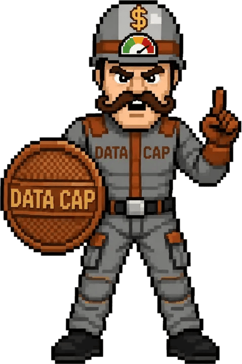 Pixel-art Data Cap villain holding a Data Cap shield