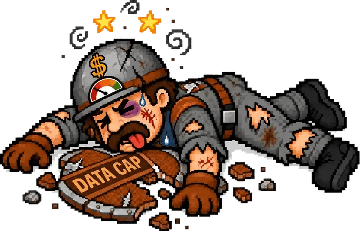 Pixel-art Data Cap villain knocked out with a broken shield