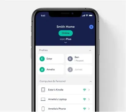 eero app home screen showing profiles and connected devices