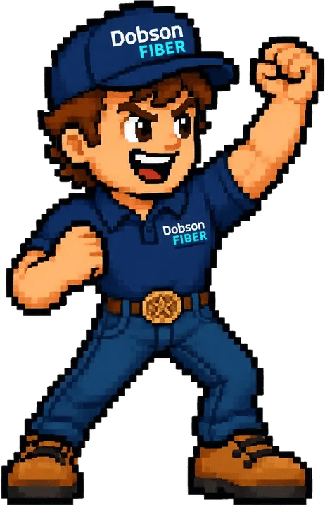 Pixel-art Dobson Fiber hero pumping his fist