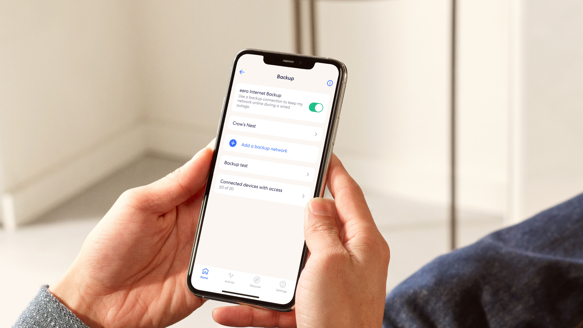 eero app Internet Backup screen on a phone