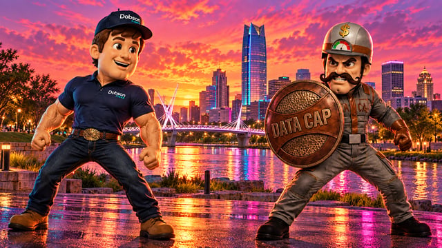 Dobson Fiber mascot squaring off against the Data Cap villain along the Oklahoma City riverfront at sunset