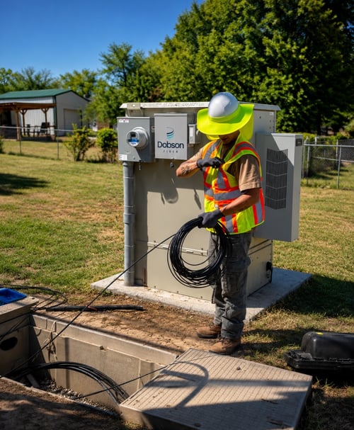 Dobson Fiber technician preparing a fiber line at a neighborhood cabinet