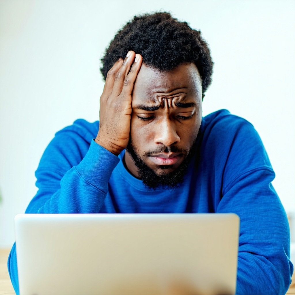 sad man on laptop with blue shirt-1
