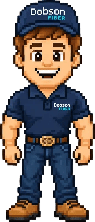Pixel-art Dobson Fiber hero standing ready