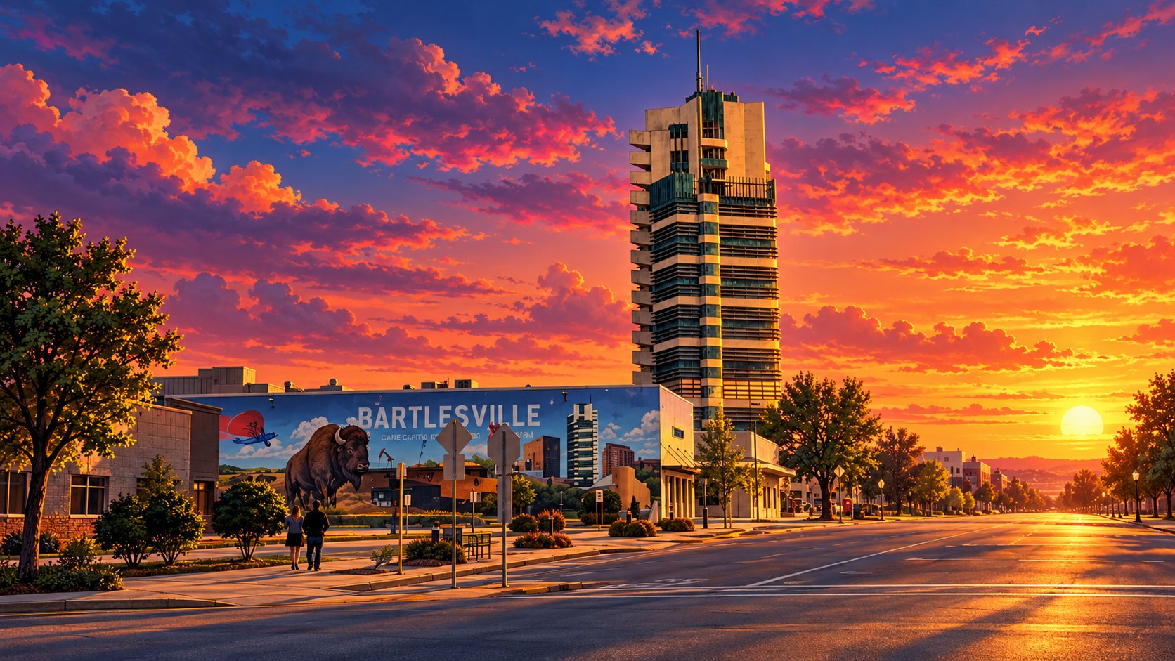 Illustrated Bartlesville mural and Price Tower at sunset