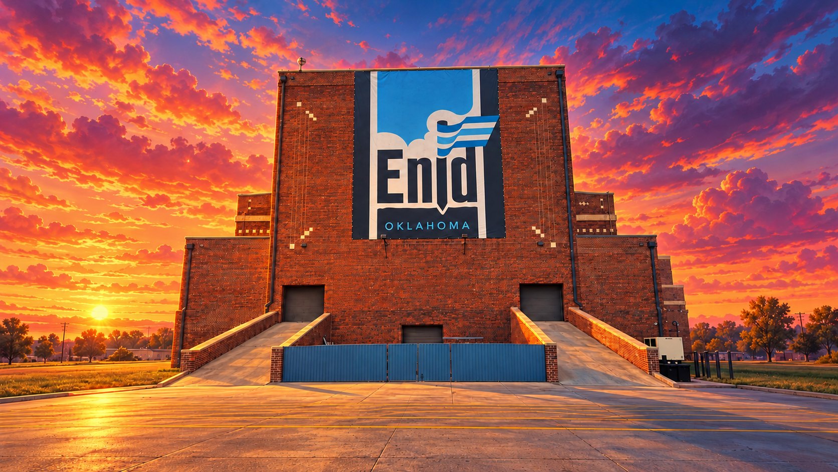 Illustrated Enid, Oklahoma banner on a brick building at sunset