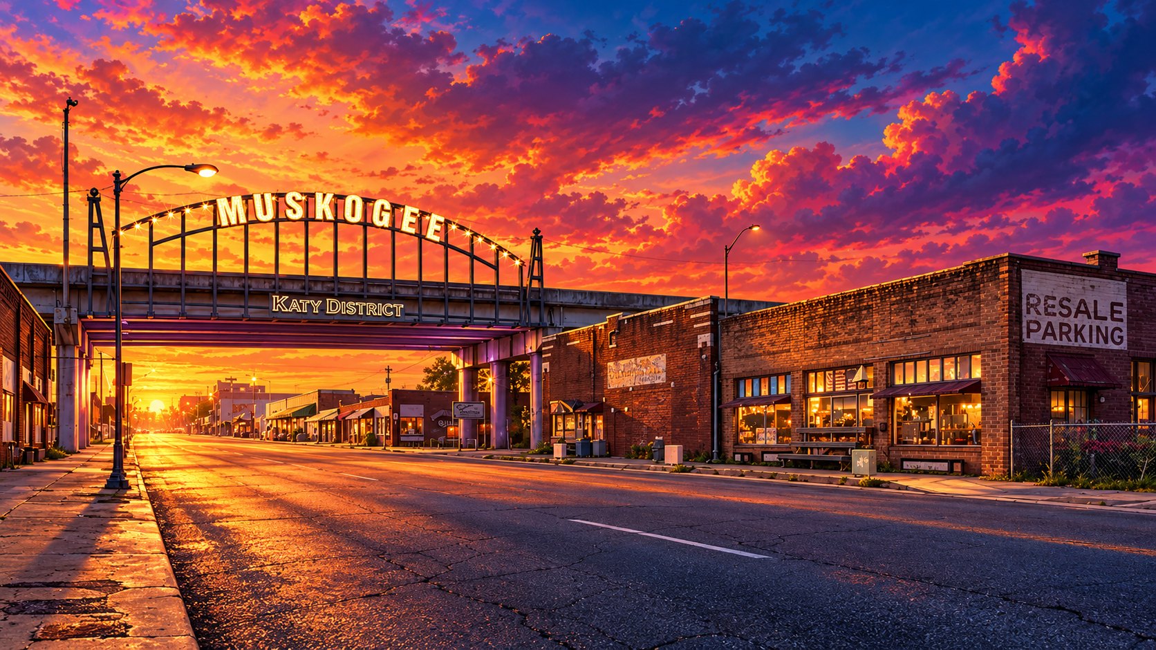 Illustrated Muskogee Katy District arch at sunset
