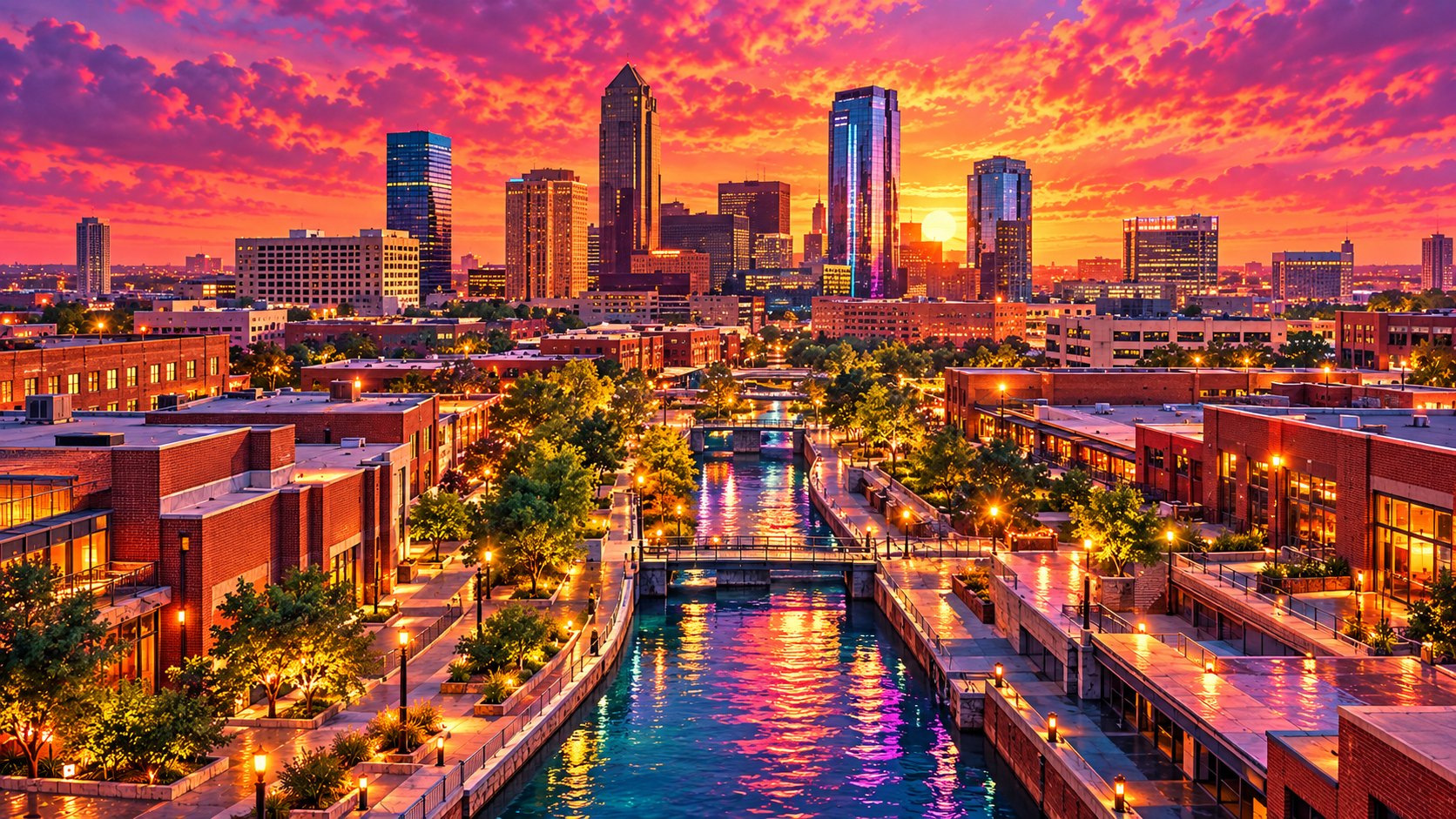 Illustrated Oklahoma City canal and skyline at sunset