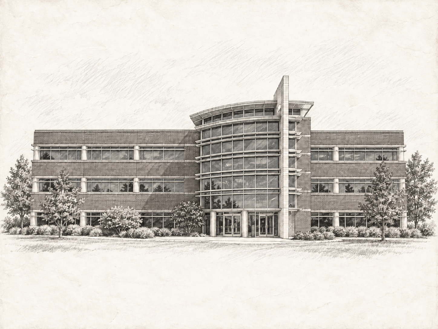 Pencil sketch of the Dobson Fiber headquarters building in Oklahoma City